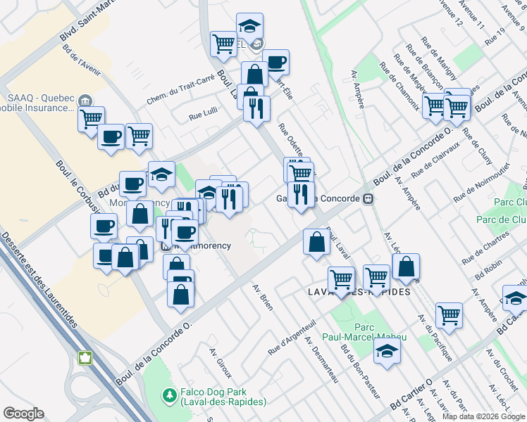 map of restaurants, bars, coffee shops, grocery stores, and more near 454 Place Deauville in Laval
