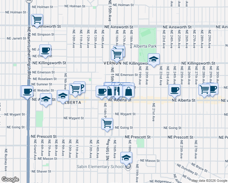 map of restaurants, bars, coffee shops, grocery stores, and more near 5116 Northeast 15th Avenue in Portland