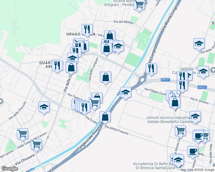 map of restaurants, bars, coffee shops, grocery stores, and more near 24 Via Don Giacomo Vender in Brescia