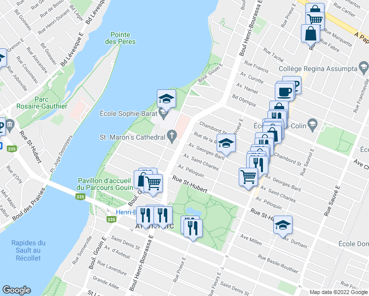 map of restaurants, bars, coffee shops, grocery stores, and more near 1030 Boulevard Henri-Bourassa Est in Montréal