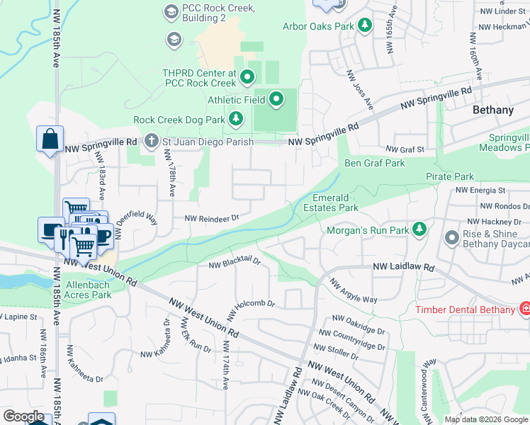 map of restaurants, bars, coffee shops, grocery stores, and more near 17360 Northwest Reindeer Drive in Portland