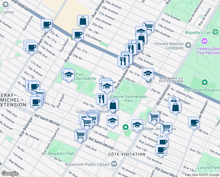 map of restaurants, bars, coffee shops, grocery stores, and more near 6535 18e Avenue in Montreal