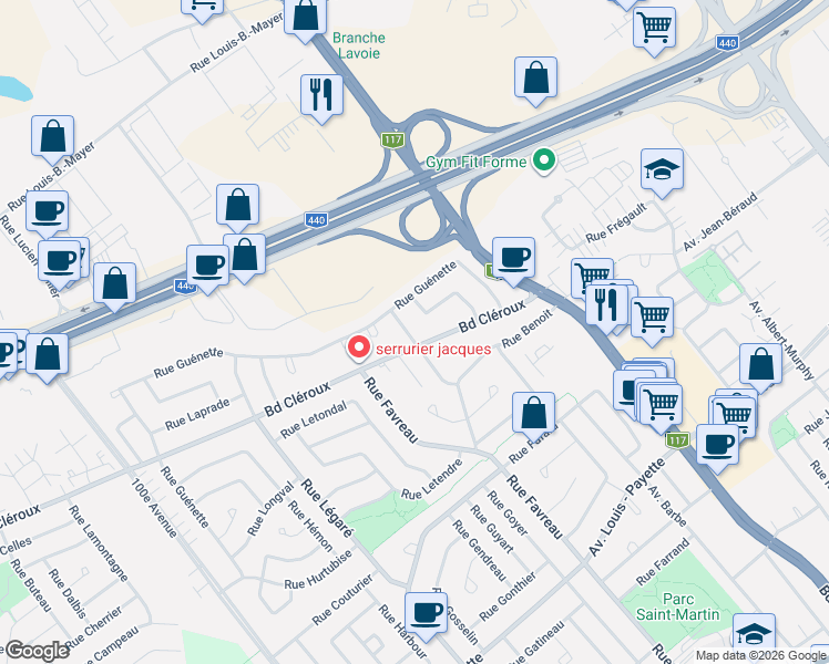 map of restaurants, bars, coffee shops, grocery stores, and more near 2511 Rue Genest in Laval