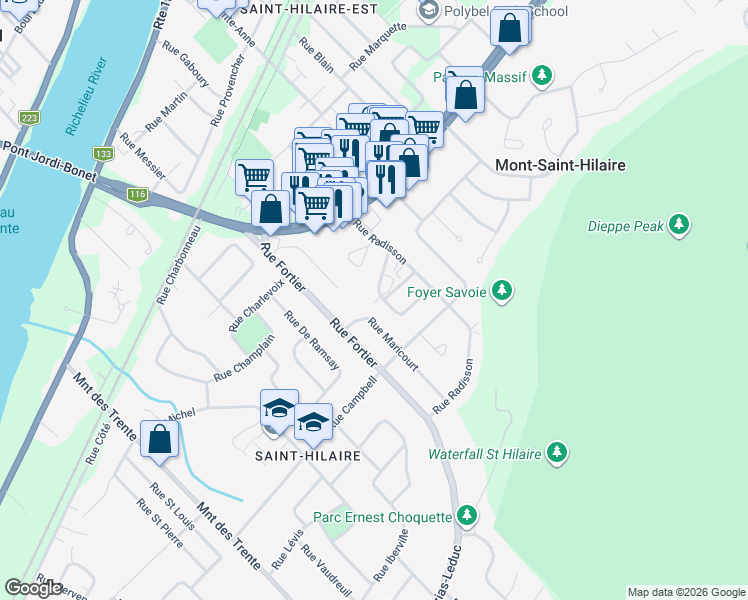 map of restaurants, bars, coffee shops, grocery stores, and more near 330 Rue Pineault in Mont-Saint-Hilaire