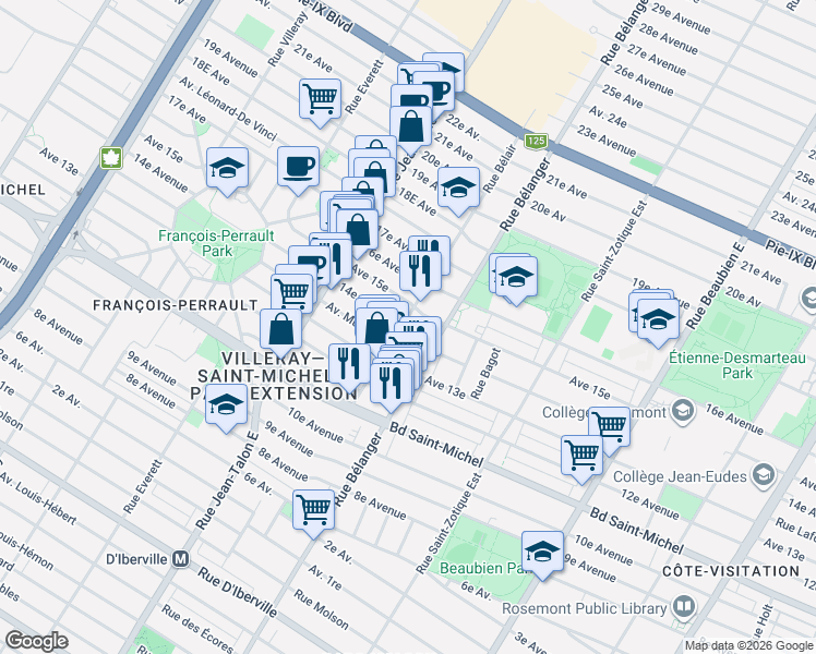 map of restaurants, bars, coffee shops, grocery stores, and more near 3532 Rue Bélair in Montréal