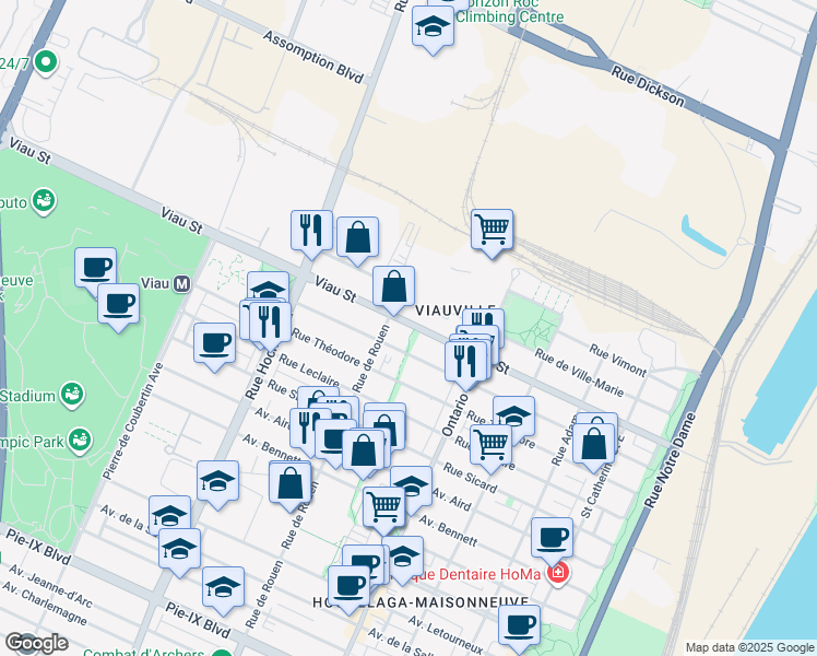 map of restaurants, bars, coffee shops, grocery stores, and more near 2200 Rue Viau in Montréal