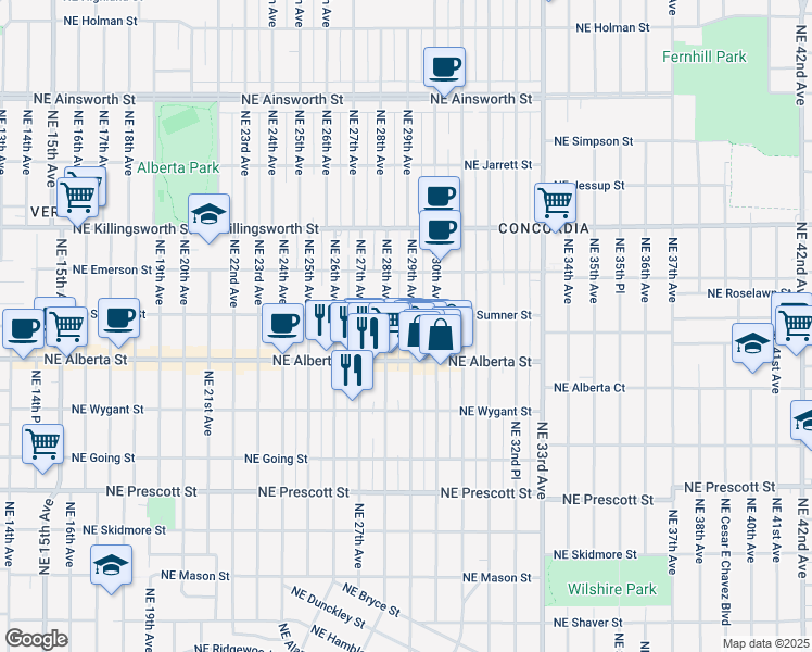 map of restaurants, bars, coffee shops, grocery stores, and more near 5026 Northeast 29th Avenue in Portland