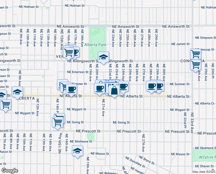 map of restaurants, bars, coffee shops, grocery stores, and more near 2210 Northeast Alberta Street in Portland