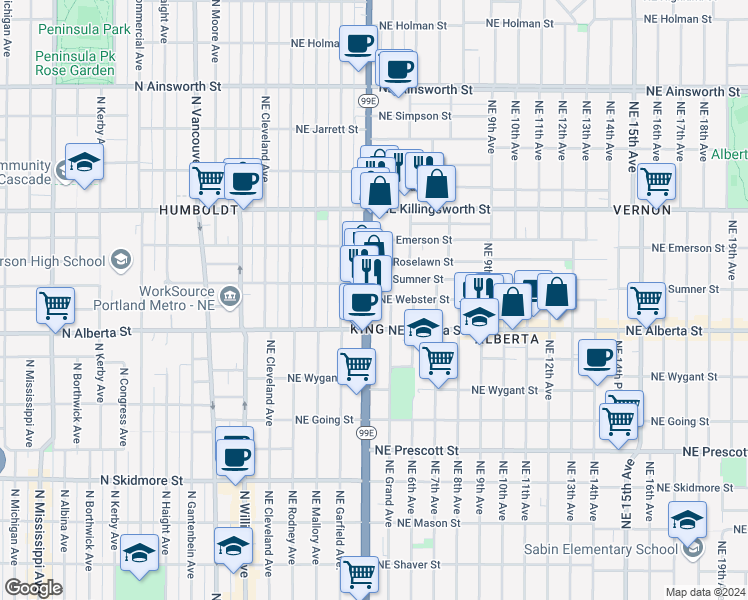 map of restaurants, bars, coffee shops, grocery stores, and more near 5118 Oregon 99E in Portland