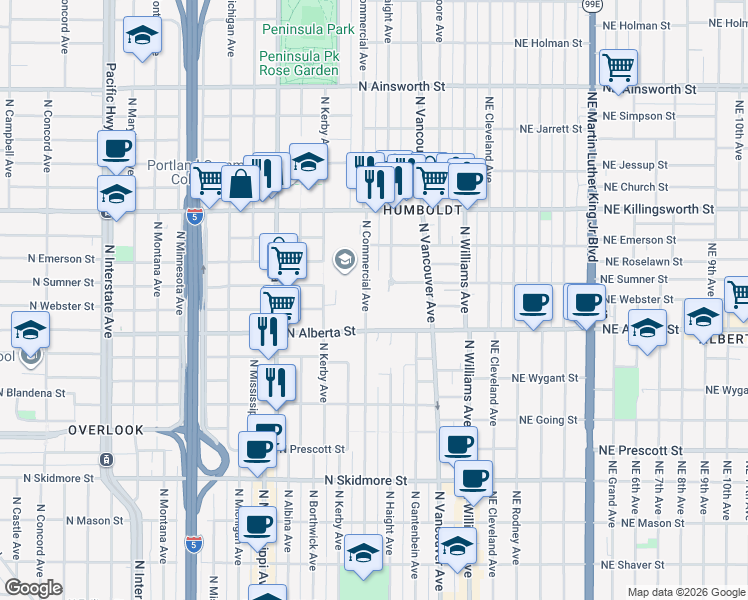 map of restaurants, bars, coffee shops, grocery stores, and more near 5028 North Commercial Avenue in Portland