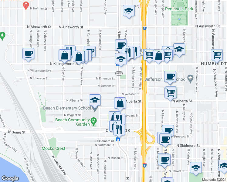 map of restaurants, bars, coffee shops, grocery stores, and more near 1550 North Webster Street in Portland