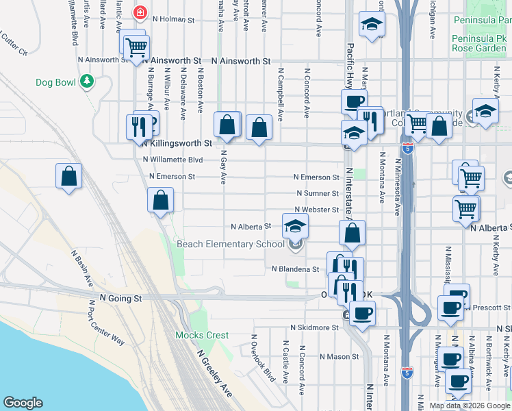 map of restaurants, bars, coffee shops, grocery stores, and more near 2026 North Webster Street in Portland