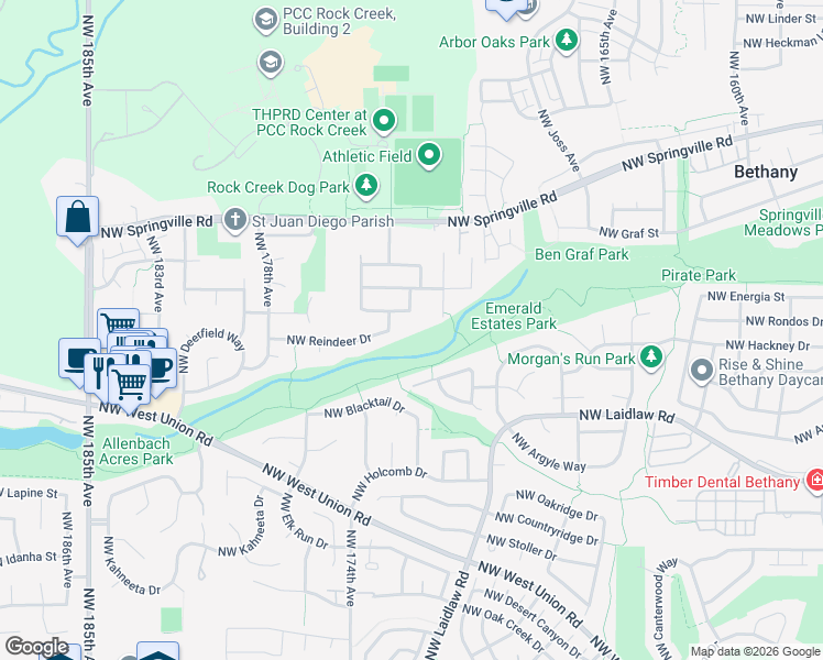 map of restaurants, bars, coffee shops, grocery stores, and more near 17360 Northwest Reindeer Drive in Portland