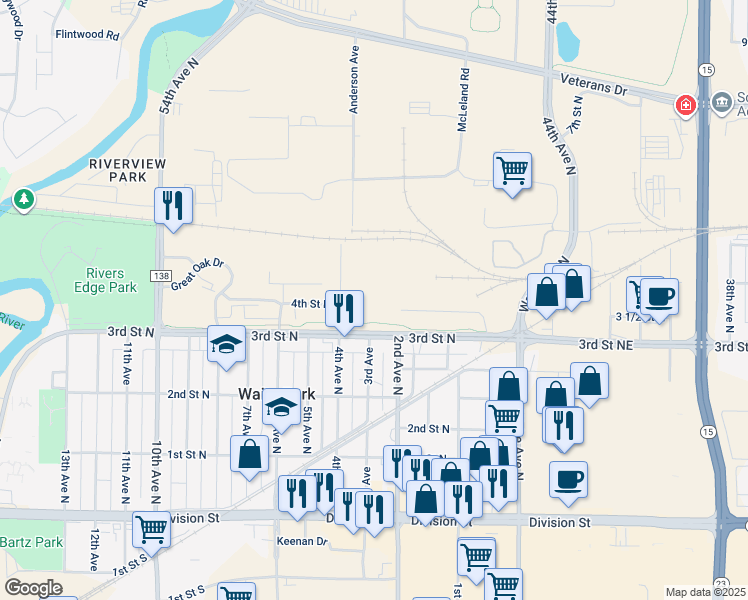 map of restaurants, bars, coffee shops, grocery stores, and more near in Waite Park