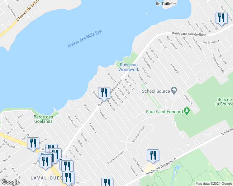 map of restaurants, bars, coffee shops, grocery stores, and more near 997 10e Av in Laval