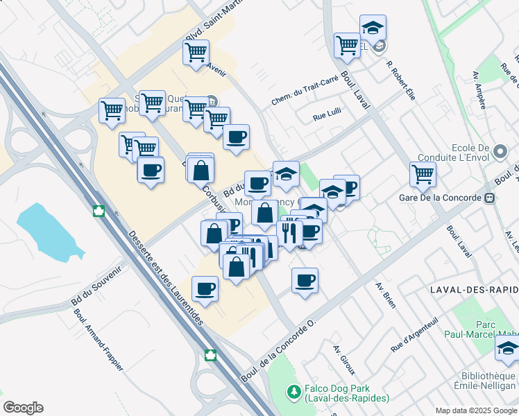 map of restaurants, bars, coffee shops, grocery stores, and more near 1420 Rue Lucien-Paiement in Laval