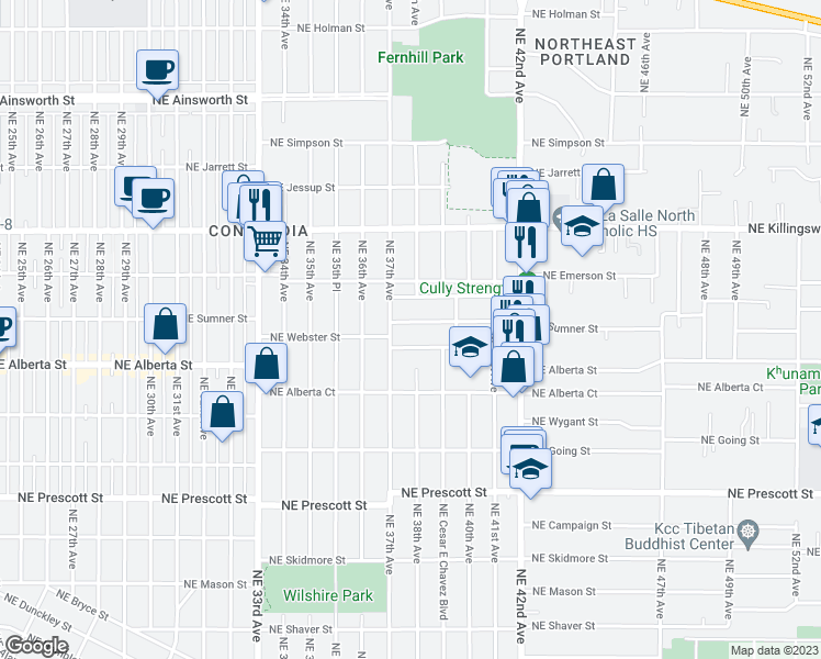 map of restaurants, bars, coffee shops, grocery stores, and more near 3734 Northeast Sumner Street in Portland