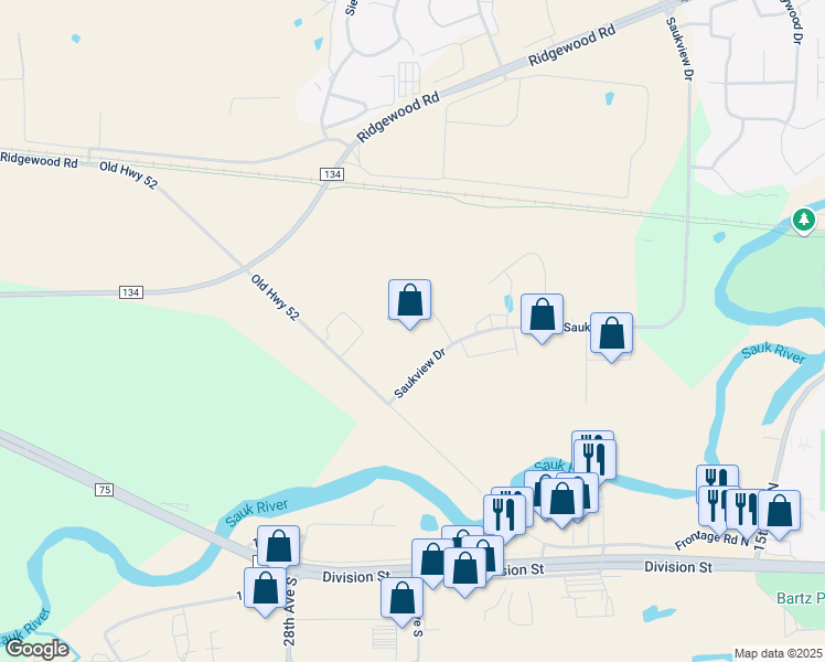 map of restaurants, bars, coffee shops, grocery stores, and more near 6975 Saukview Drive in Saint Cloud