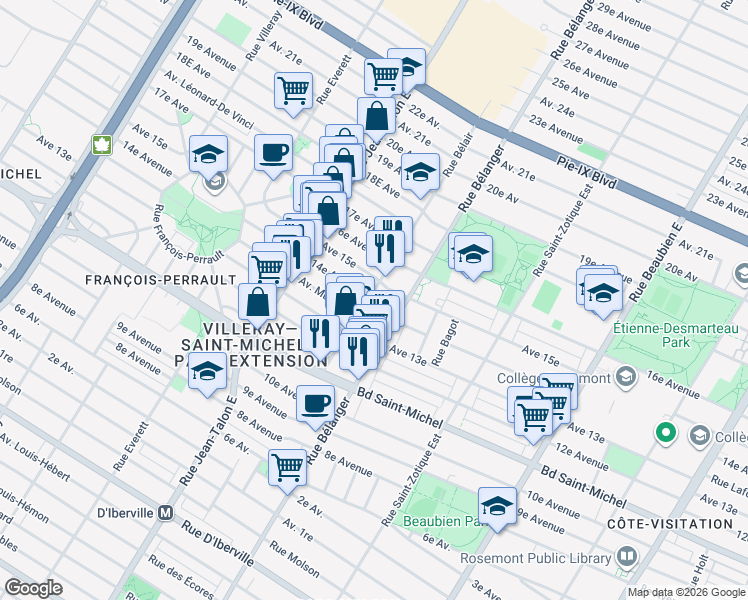 map of restaurants, bars, coffee shops, grocery stores, and more near 3532 Rue Bélair in Montréal