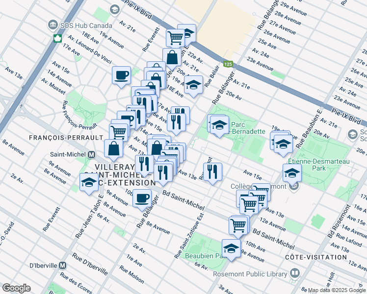 map of restaurants, bars, coffee shops, grocery stores, and more near 3555 Rue Bélanger in Montréal