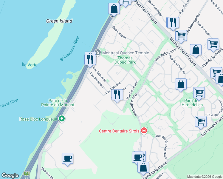 map of restaurants, bars, coffee shops, grocery stores, and more near 665 Rue Lalande in Longueuil