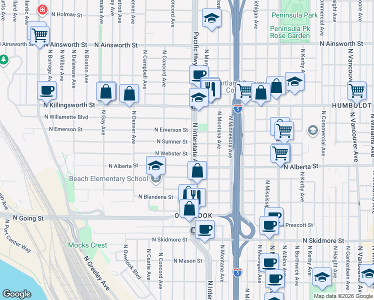 map of restaurants, bars, coffee shops, grocery stores, and more near 1525 North Webster Street in Portland