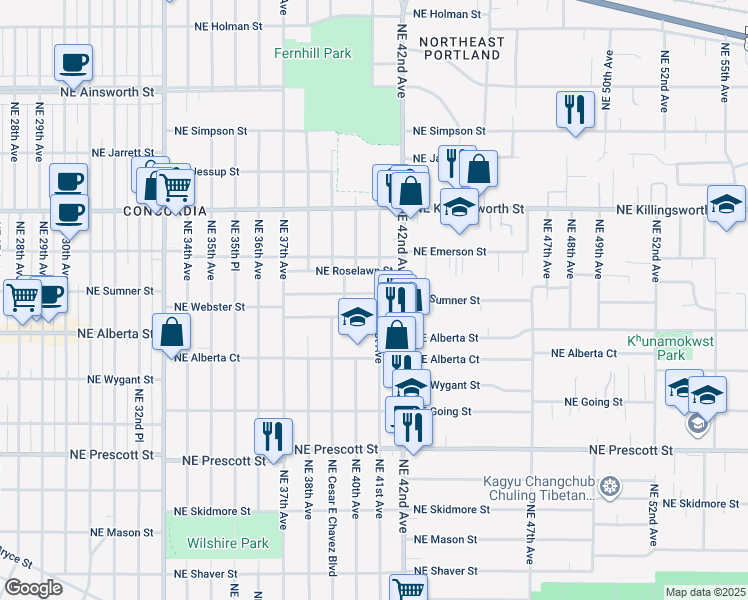 map of restaurants, bars, coffee shops, grocery stores, and more near 5125 Northeast 41st Avenue in Portland