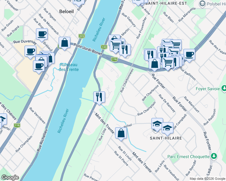 map of restaurants, bars, coffee shops, grocery stores, and more near 500 Place du Manoir in Mont-Saint-Hilaire