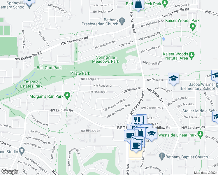 map of restaurants, bars, coffee shops, grocery stores, and more near 15738 Northwest Hackney Drive in Portland