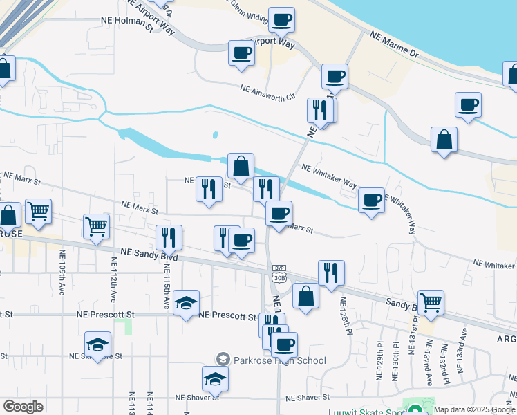 map of restaurants, bars, coffee shops, grocery stores, and more near 12441 Northeast Marx Street in Portland