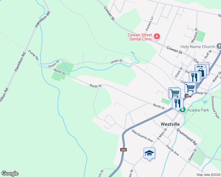 map of restaurants, bars, coffee shops, grocery stores, and more near 2279 North Street in Westville