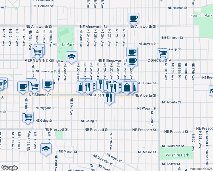 map of restaurants, bars, coffee shops, grocery stores, and more near 5126 Northeast 26th Avenue in Portland