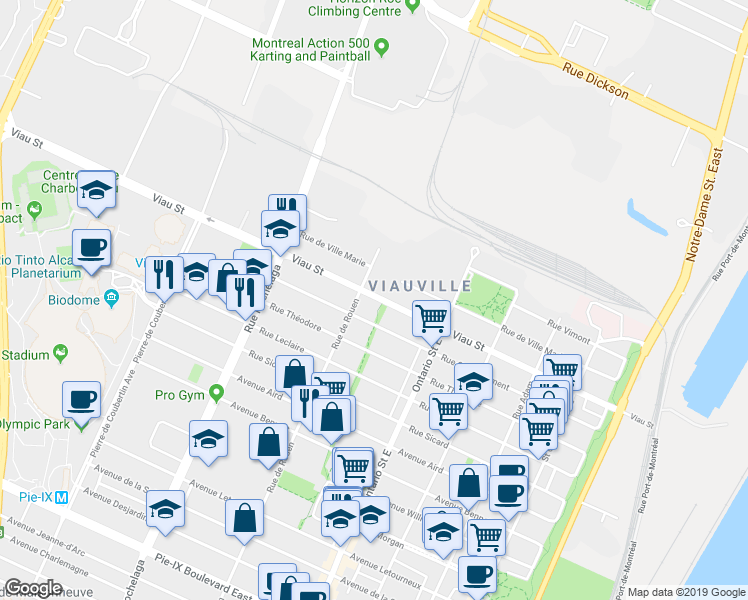map of restaurants, bars, coffee shops, grocery stores, and more near 2220 Rue Viau in Montréal