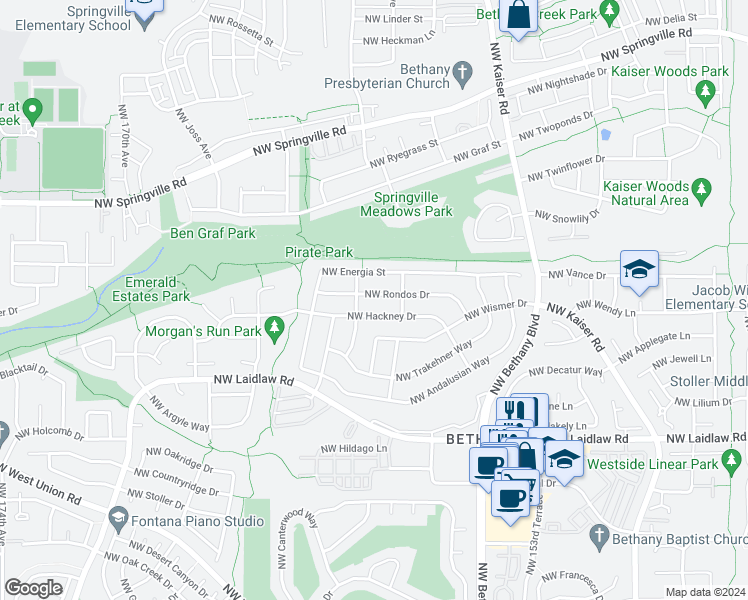map of restaurants, bars, coffee shops, grocery stores, and more near 15936 Northwest Rondos Drive in Portland