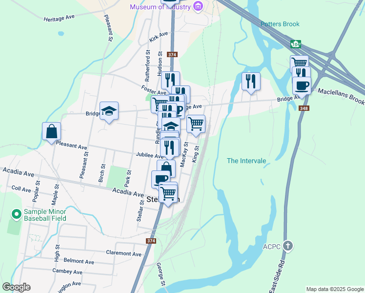 map of restaurants, bars, coffee shops, grocery stores, and more near 126 Mackay Street in Stellarton