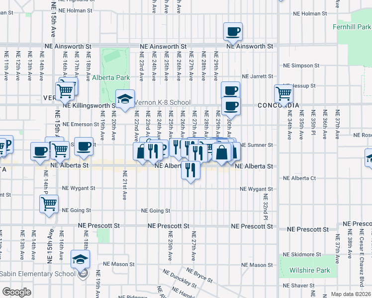 map of restaurants, bars, coffee shops, grocery stores, and more near 5126 Northeast 26th Avenue in Portland