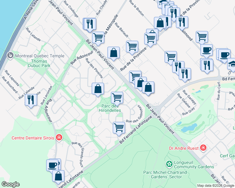 map of restaurants, bars, coffee shops, grocery stores, and more near 854 Rue des Colibris in Longueuil