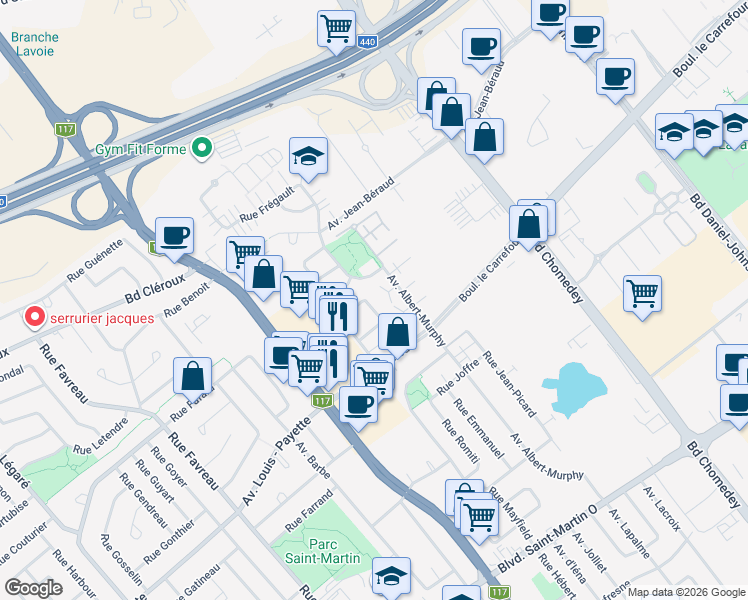 map of restaurants, bars, coffee shops, grocery stores, and more near 3722 Rue Normandin in Laval
