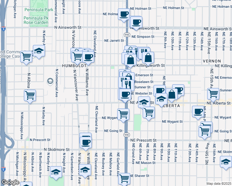 map of restaurants, bars, coffee shops, grocery stores, and more near 5115 Northeast Garfield Avenue in Portland
