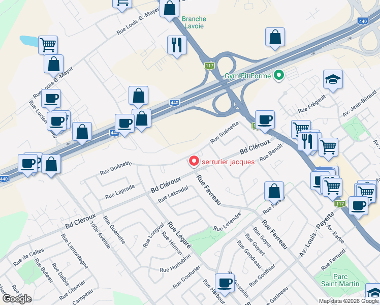 map of restaurants, bars, coffee shops, grocery stores, and more near 4147 Rue Guénette in Laval