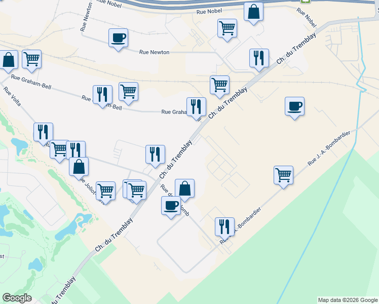 map of restaurants, bars, coffee shops, grocery stores, and more near 104A Chemin du Tremblay in Boucherville