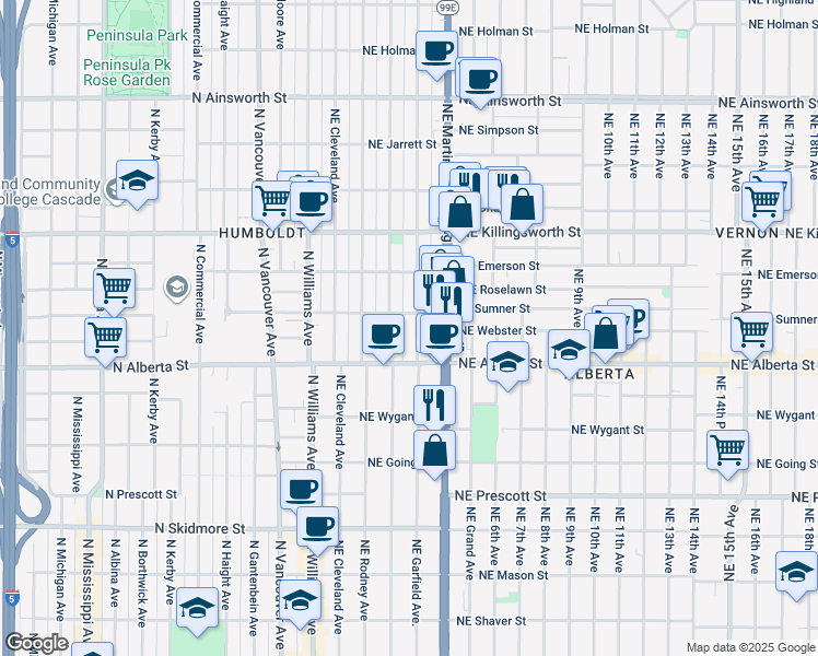 map of restaurants, bars, coffee shops, grocery stores, and more near 5115 Northeast Garfield Avenue in Portland