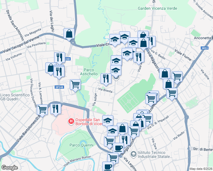 map of restaurants, bars, coffee shops, grocery stores, and more near 10 Via Brenta in Vicenza