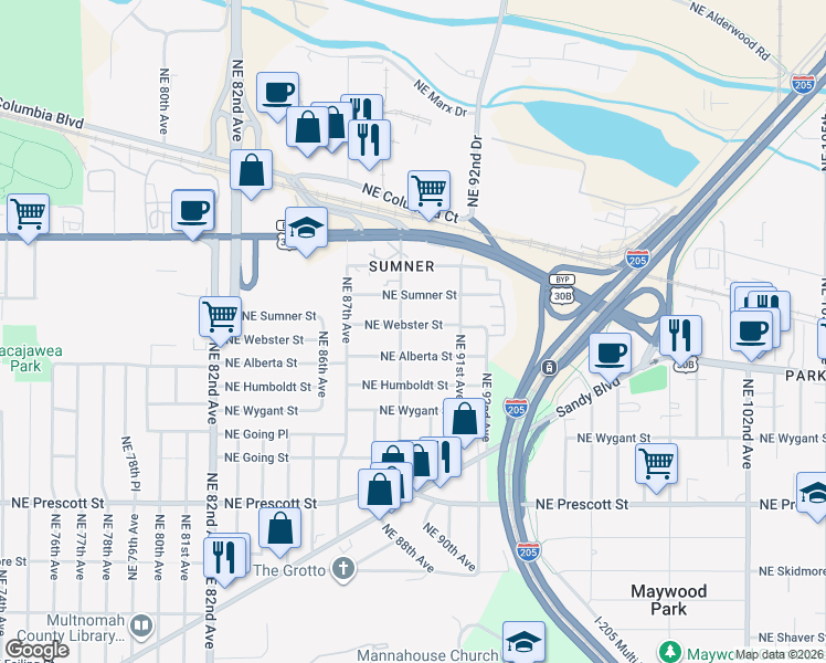 map of restaurants, bars, coffee shops, grocery stores, and more near 5004 Northeast 89th Avenue in Portland