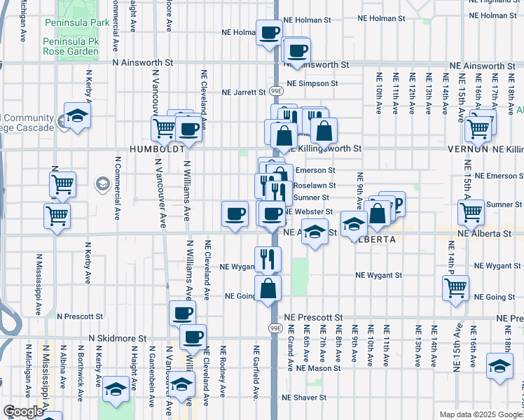 map of restaurants, bars, coffee shops, grocery stores, and more near 5044 Northeast Garfield Avenue in Portland