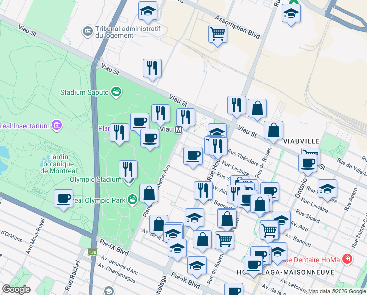 map of restaurants, bars, coffee shops, grocery stores, and more near 2694 Rue Leclaire in Montréal