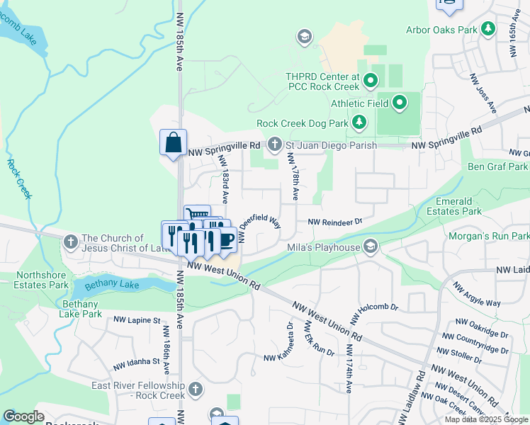 map of restaurants, bars, coffee shops, grocery stores, and more near 5509 Northwest Deerfield Way in Portland