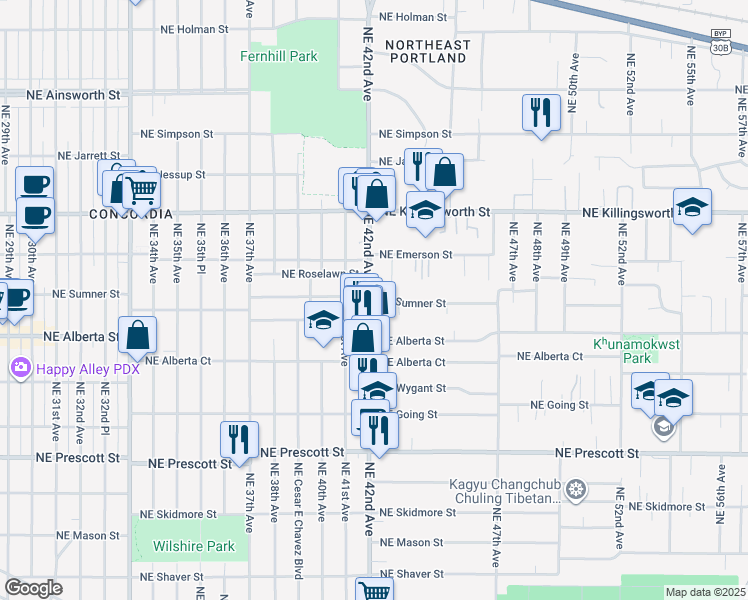 map of restaurants, bars, coffee shops, grocery stores, and more near 5035 Northeast 42nd Avenue in Portland