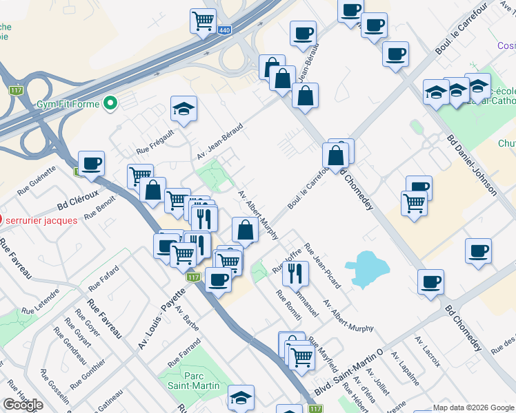 map of restaurants, bars, coffee shops, grocery stores, and more near 2087 Avenue Albert-Murphy in Laval