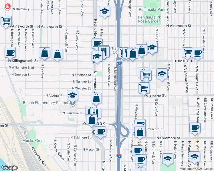 map of restaurants, bars, coffee shops, grocery stores, and more near 1314 North Webster Street in Portland